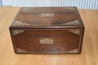 Large Antique Sewing / Jewellery Box In Rosewood With Mother Of Pearl Inlay