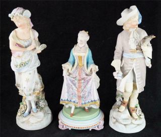 Three Antique Continental Bisque Porcelain Hand Painted Figurines Figures