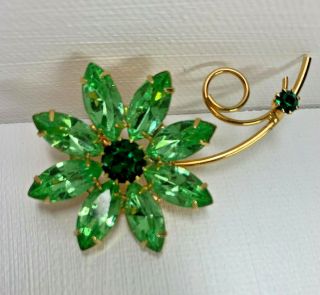 Vintage Green Rhinestone Flower Brooch Pin
