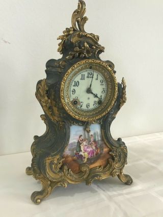 Antique Ansonia Bronze Ormolu Loui Xvi Style Mantel Clock W Painted Porcelain