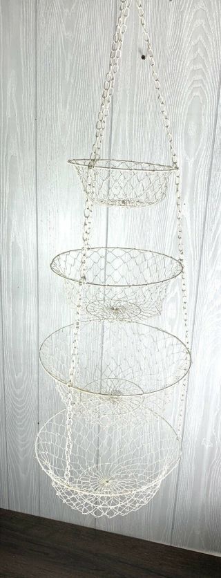 Vintage White Metal Mesh Wire Hanging Basket 4 Tier Fruit Produce Kitchen
