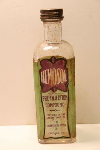 Antique Embalming Bottle,  Hemosol Undertakers Supply Co.  Chicago.