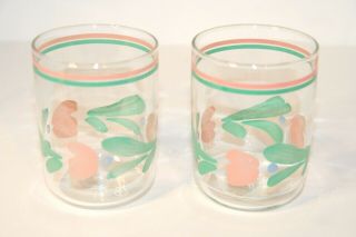 Vintage Set Of 2 Libbey Pink And Green Flower 60 