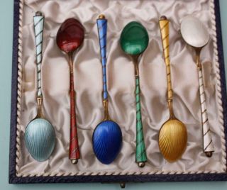 6 Egon Lauridsen Ela Sterling Silver & Enamel Small Tea Spoons Stunning Colours