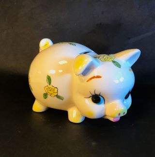 Adorable Vintage Ceramic Piggy Bank With Hand Painted Flowers Made In Japan