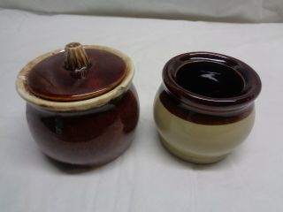 Vintage Hull Oven Proof Usa Brown Drip Sugar Bowl With Lid & Stoneware Bowl