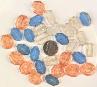 Vintage Mid Century Etched Glass Beads - Crystal,  Pink & Blue 30