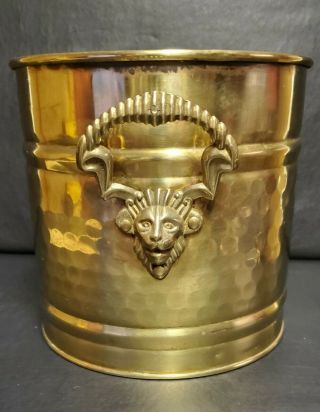 Vintage Hammered Brass Planter Pot W/lion Head Handles.  7 " Tall,  7 1/8 " Diameter