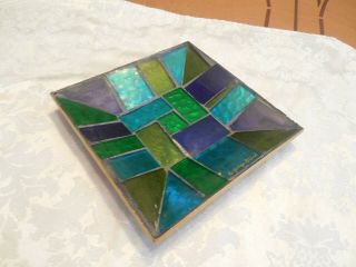 Vtg Mcm George Briard Blue & Green Mosaic Stained Glass 5 " Tray Dish Signed