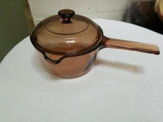 Vtg Pyrex Corning Ware Visions Amber Cookware 1 L Saucepan Pot Spout Lid Usa