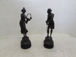 Antique Art Nouveau French Spelter Figures,  Man With Violin & Lady With Basket