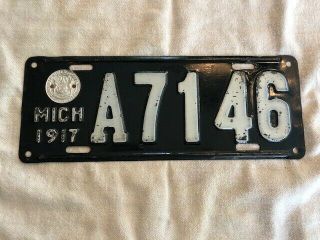 Vintage 1917 Michigan License Plate With Michigan Seal,