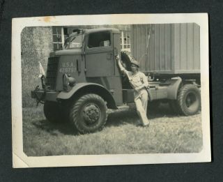 Vintage Photo Wwii Army Man W/ 1941 Federal Coe Semi Truck 420044