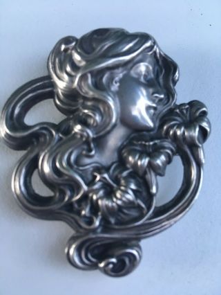 Fine Antique Art Nouveau Sterling Silver Goddess Pin Brooch