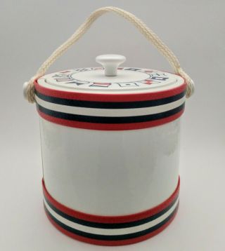 Vintage Kraftware Ice Bucket Vinyl Mcm Nautical Flag Theme Red White Blue Rope