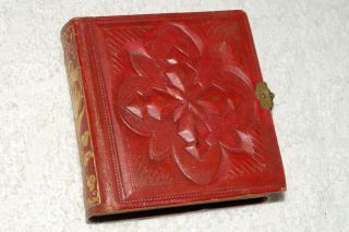 Antique Miniature Leather Photo Album With 65 Small Tin Type Photos,  C 1860s