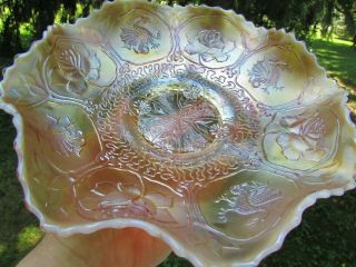 Fenton Dragon & Lotus Antique Carnival Art Glass Ruffled Bowl Peach Opalescent