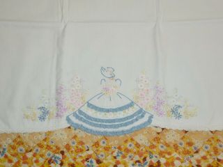 Vintage Southern Belle Crinoline Lady - Girl Pillowcase With Blue Crochet Lace