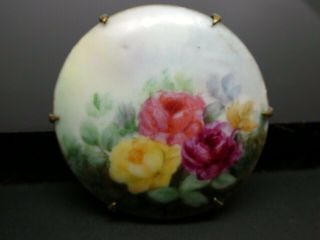 Vintage Art Nouveau Hand Painted Porcelain Floral Rose Scene Brass Brooch Pin