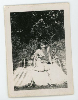 Pretty Sexy Girl Sunbathing In Revealing Bathing Suit.  Vintage Snapshot Photo