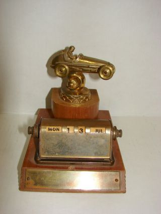 Vintage Midget Race Car Trophy W/perpetual Rotary Calendar On Wood Base