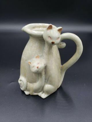 Handmade Ceramic Studio Art Pottery 7 " Creamer Pitcher With Cats Vintage