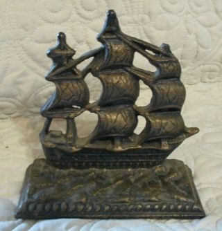 Vintage Cast Iron Bookend Doorstop Constitution Nautical Ship Sail Boat
