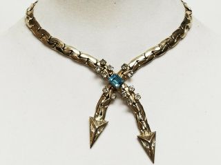 Vintage Signed Kafin York Blue Crystal Rhinestone Arrow Head Necklace