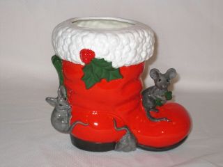 Vintage Xmas 9 " Santa Boot & Mice Planter Candy Cane Holder Hand - Painted Ceramic