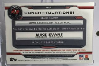 2014 MIKE EVANS TOPPS AUTO JUMBO PATCH RC 16/20 SSP Autograph Rookie BUCCANEERS 2