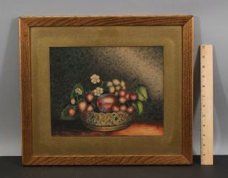 1839 Antique 19thc American Folk Art Theorem Still Life Fruit & Flowers Painting