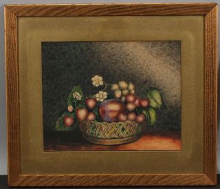 1839 Antique 19thC American Folk Art Theorem Still Life Fruit & Flowers Painting 2
