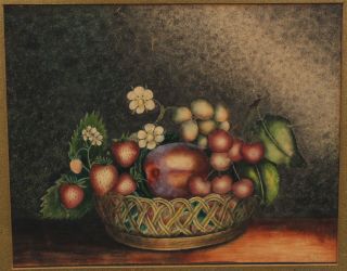 1839 Antique 19thC American Folk Art Theorem Still Life Fruit & Flowers Painting 3