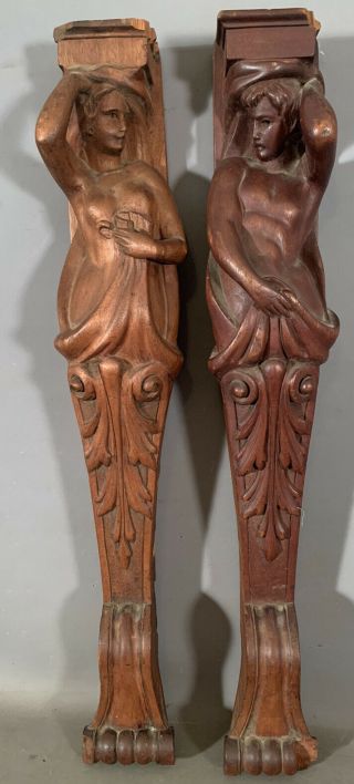 (2) Antique Art Nouveau Era Nude Lady & Man Statue Old Buffet Corbel Salvage
