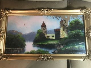 Antique " Castle & River Landscape Scene " Reverse Oil On Glass Painting - Framed