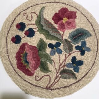Vintage Hand Hooked Rug Chair Pad Cushion 15 " Round Floral 100 Wool