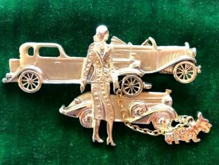 Brooch Pin Woman W/ Dog On Chain & Classic Cars Gold Tone Finish Vintage D2