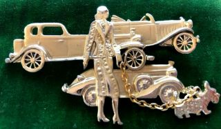 Brooch Pin Woman w/ Dog on Chain & Classic Cars Gold Tone Finish Vintage d2 2