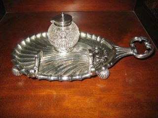 Antique Victorian Crystal Inkwell With Silver Plated Tray C1880