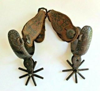 Antique Vintage Ornate Spurs With 8 Point Rowels And Leather Straps