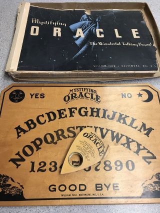 Antique Ouija Board 1938 Mystifying Oracle Wooden Black Face Moon
