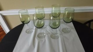 Vintage Set Of 6 Olive Green Wine Glasses Elegant With Clear Stems 9 1/4 " Tall