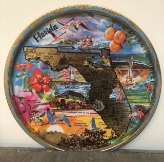 Vintage Florida Souvenir Round Metal Tray 1960s Attractions,  Map,  Skiers,  Golf