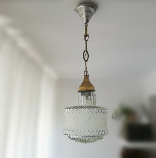 50s Ceiling Light Crystal Pendant Glass And Brass Lamp Mid - Century Modern France