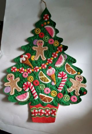 Vintage Handmade Large Felt Christmas Tree Wall Hanging Sequins Beads Yarn 22 "