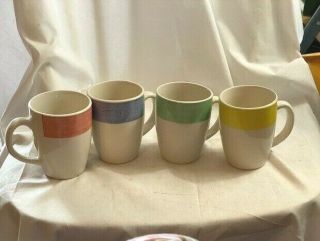 Set Of 4 Vintage Pastel Banded Sunbeam Stoneware Mugs