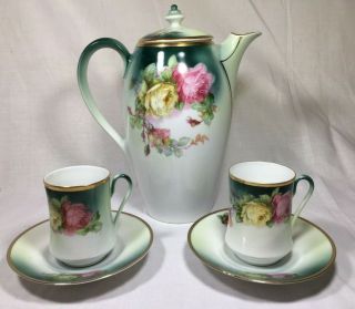Antique St.  P.  M.  Germany Green Chocolate Set Handpainted By M W Co With Roses