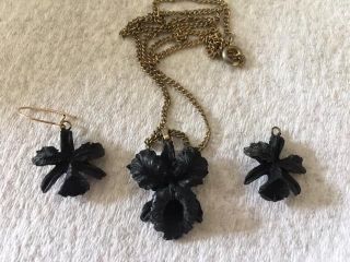 Antique Victorian Black Orchid Mourning Jewelry Set,  Possibly Whitby Jet