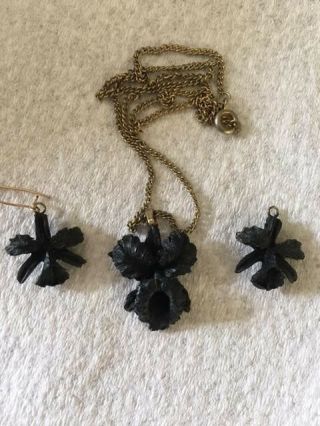 Antique Victorian Black Orchid Mourning Jewelry Set,  Possibly Whitby Jet 2