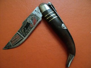 Antique Spanish Toledo Mudela Knife 1960 Acid Etched Blade Horn Bullfighter